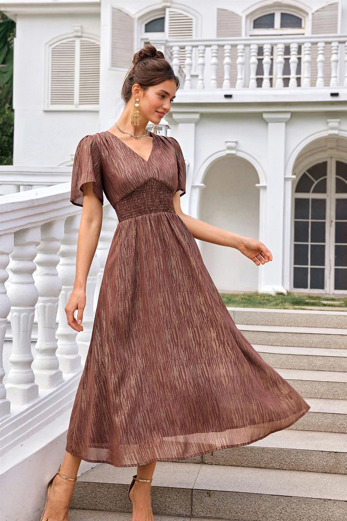 Brown Angel Sleeve Stripe Foil Midi Dress
