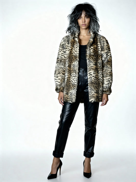 1990s Tiger Print Faux Fur Coat – UK 8–12