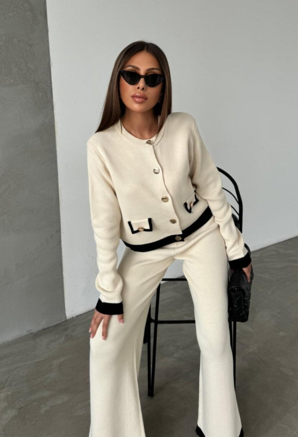 Knitted Co Ord Set with Jacket and Wide Leg Trousers - Ecru image 6