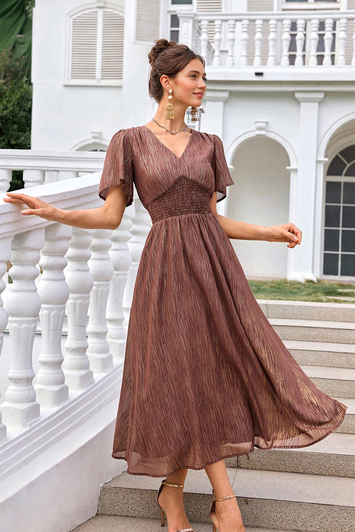 Brown Angel Sleeve Stripe Foil Midi Dress