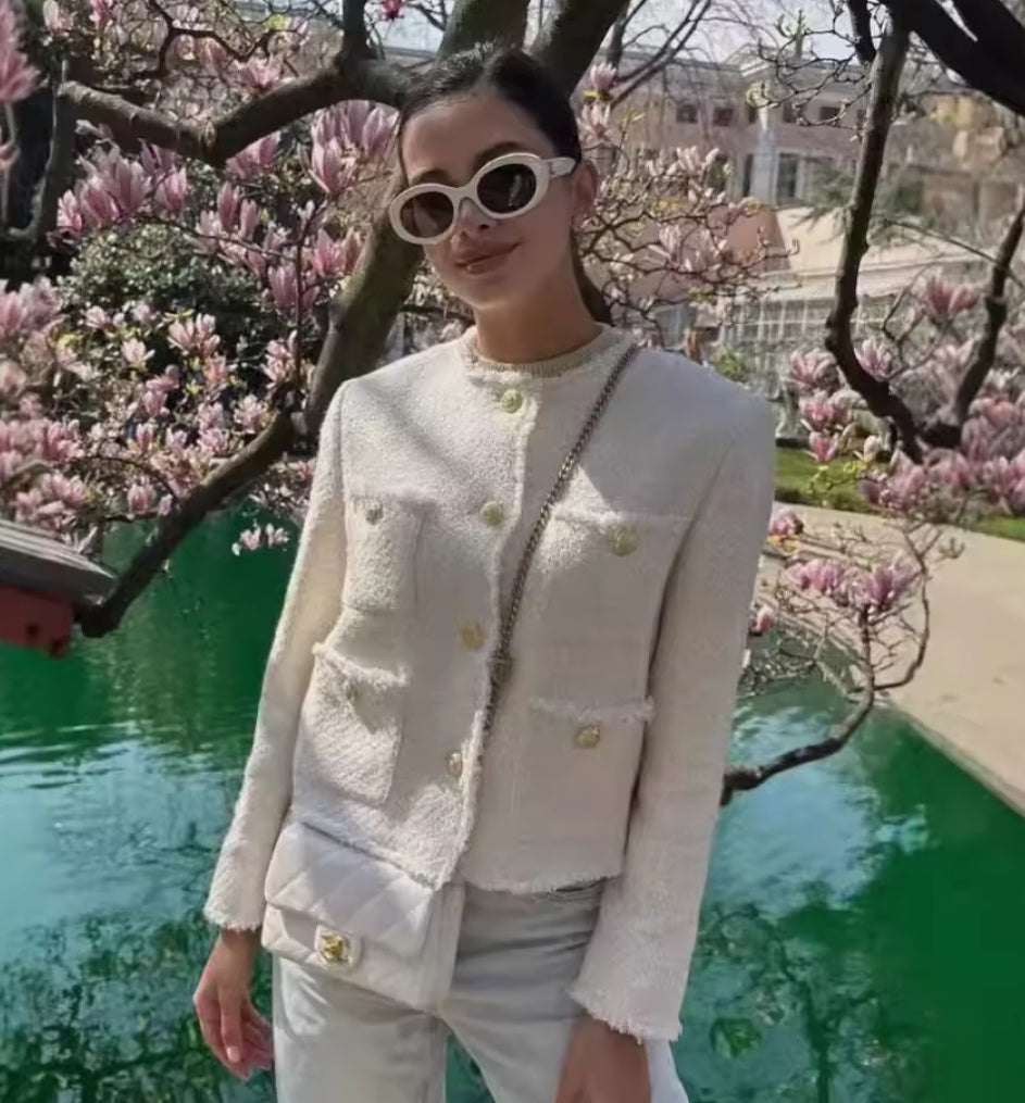 Tweed Gold Button Jacket - White image 1