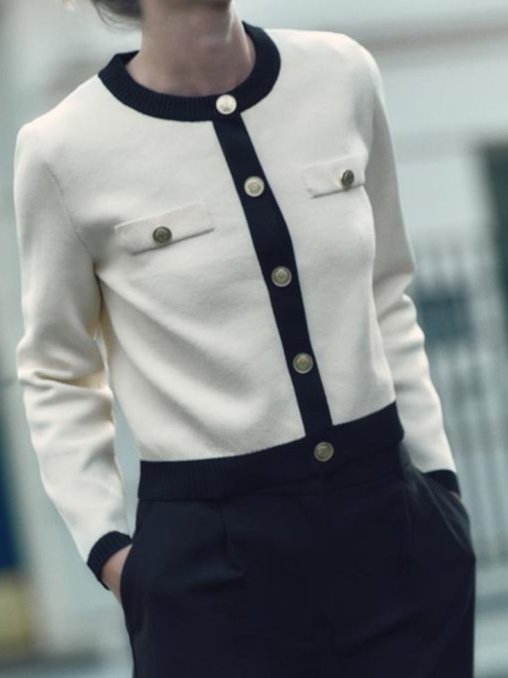 Round Neck Colour Contrast Soft Knit Cardigan - Ecru/Black  image 0