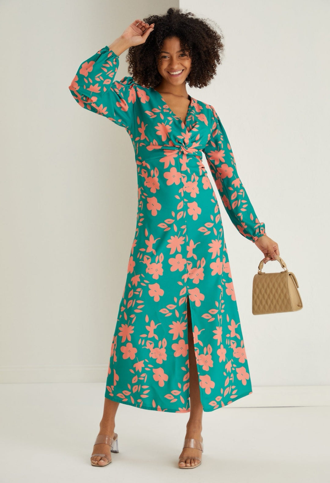 Twist Knot Midi Dress with Slit - Green Floral - By Jenerique image 1
