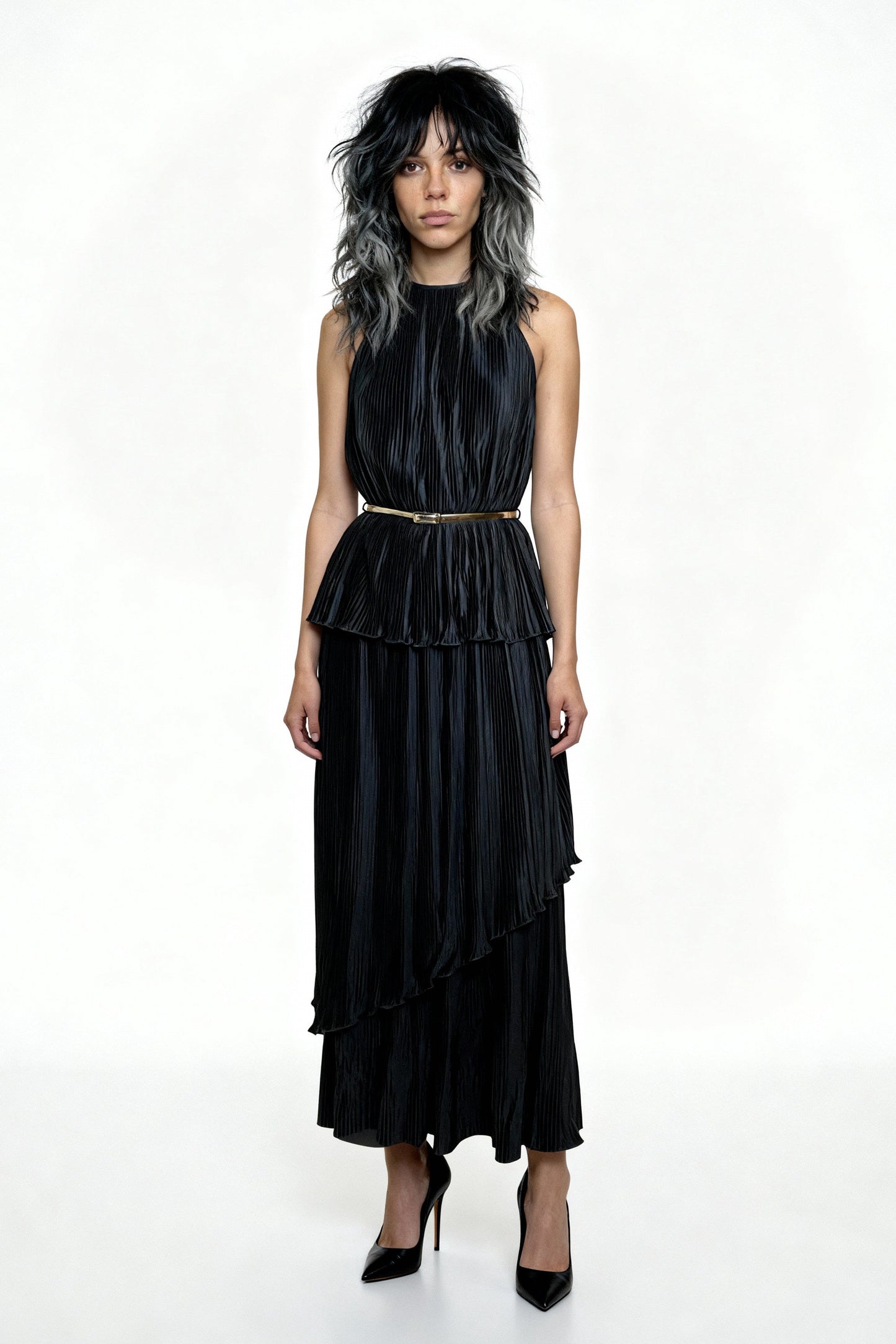 Vintage 1970's Black Thin Pleated & Tiered High Collar Dress UK 10 - 12