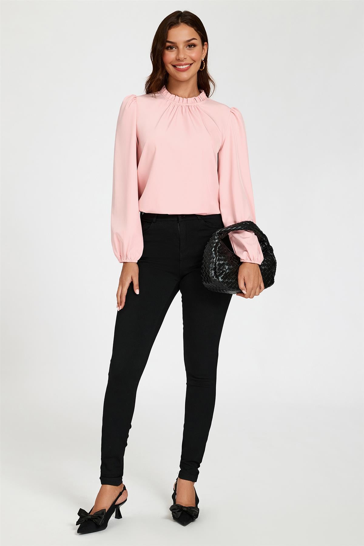 Pink Delicate Floral Print Frill Detail High Neck Top