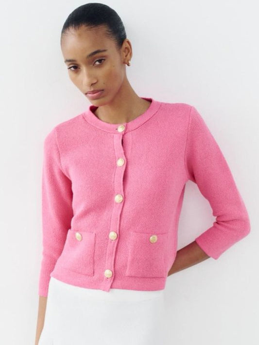 Round Neck Soft Knit Cardigan - Candy Pink  image 0