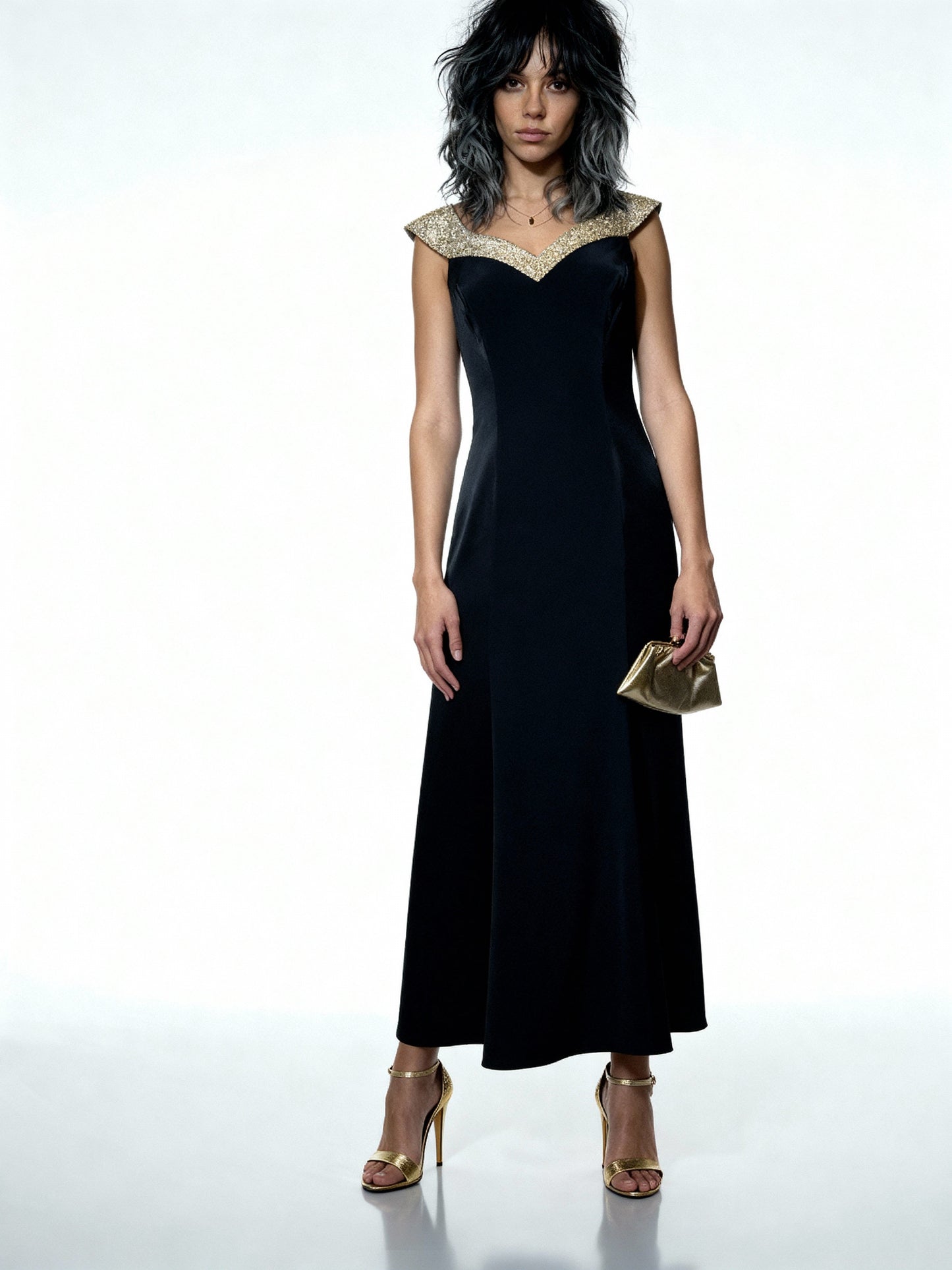Vintage 1990's Black Crepe / Satin & Silver Beaded Dress UK 12