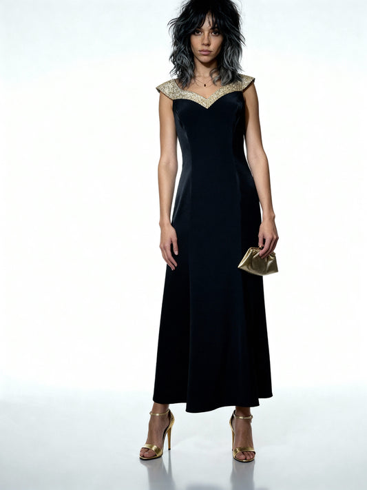 1990s Black Crepe & Satin Beaded Dress – UK 12
