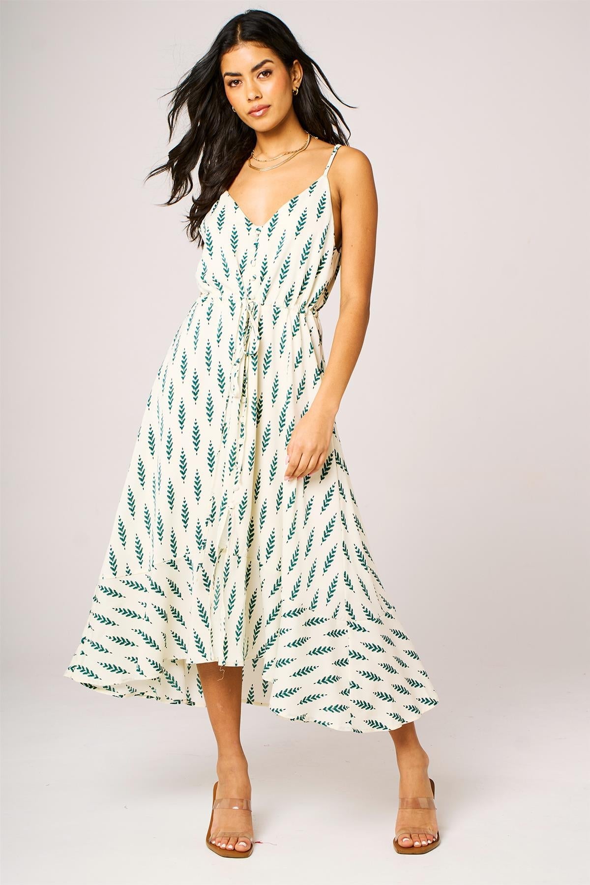 Green Leaf Print Button Down High Low Strappy Dress