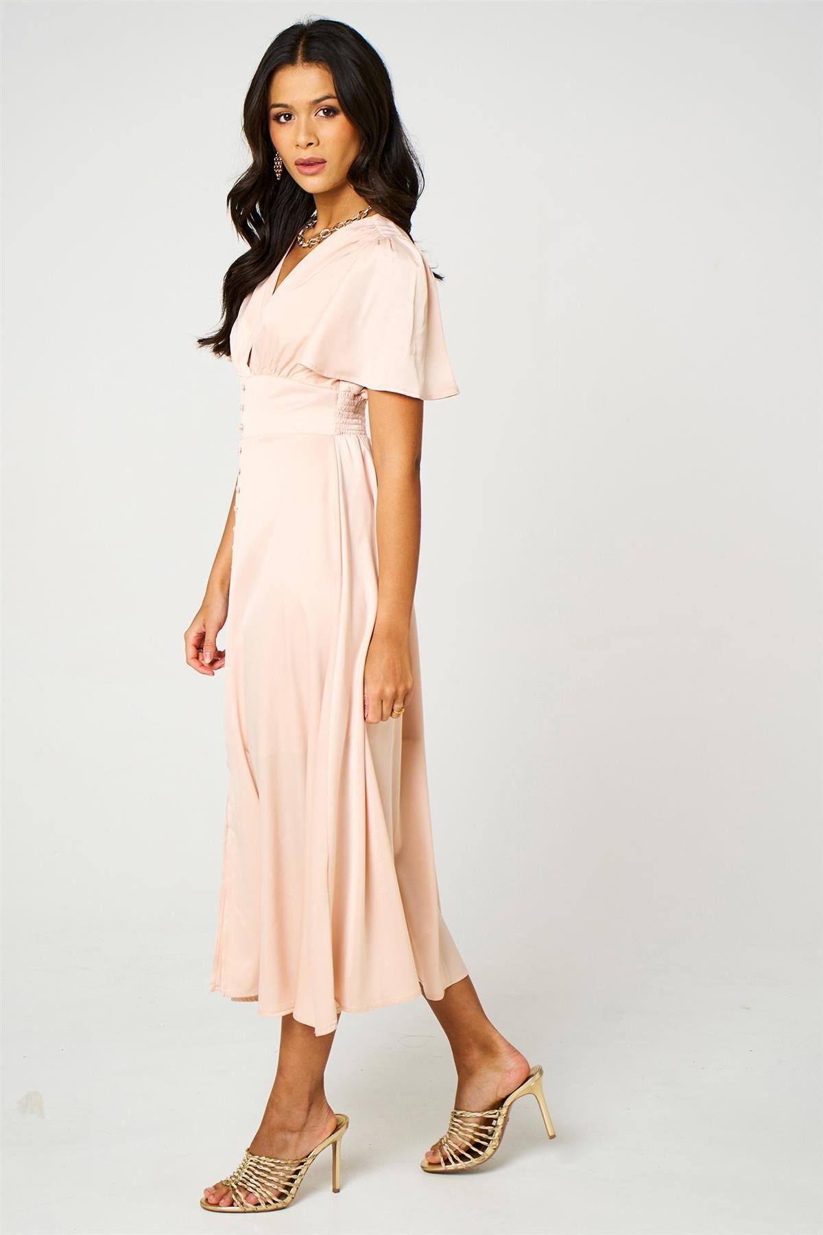 Blush Satin V Neck Button Detail Dress In Blush