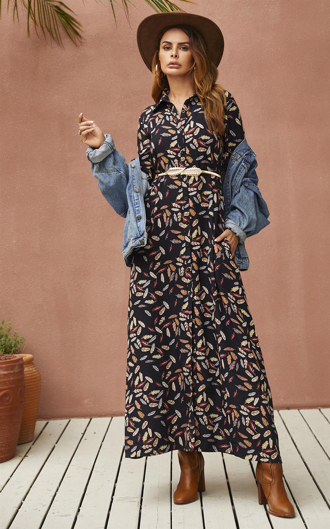 Black Leaf Print Shirt Dress With Tie Waist and Gold Stretch Leaf Belt
