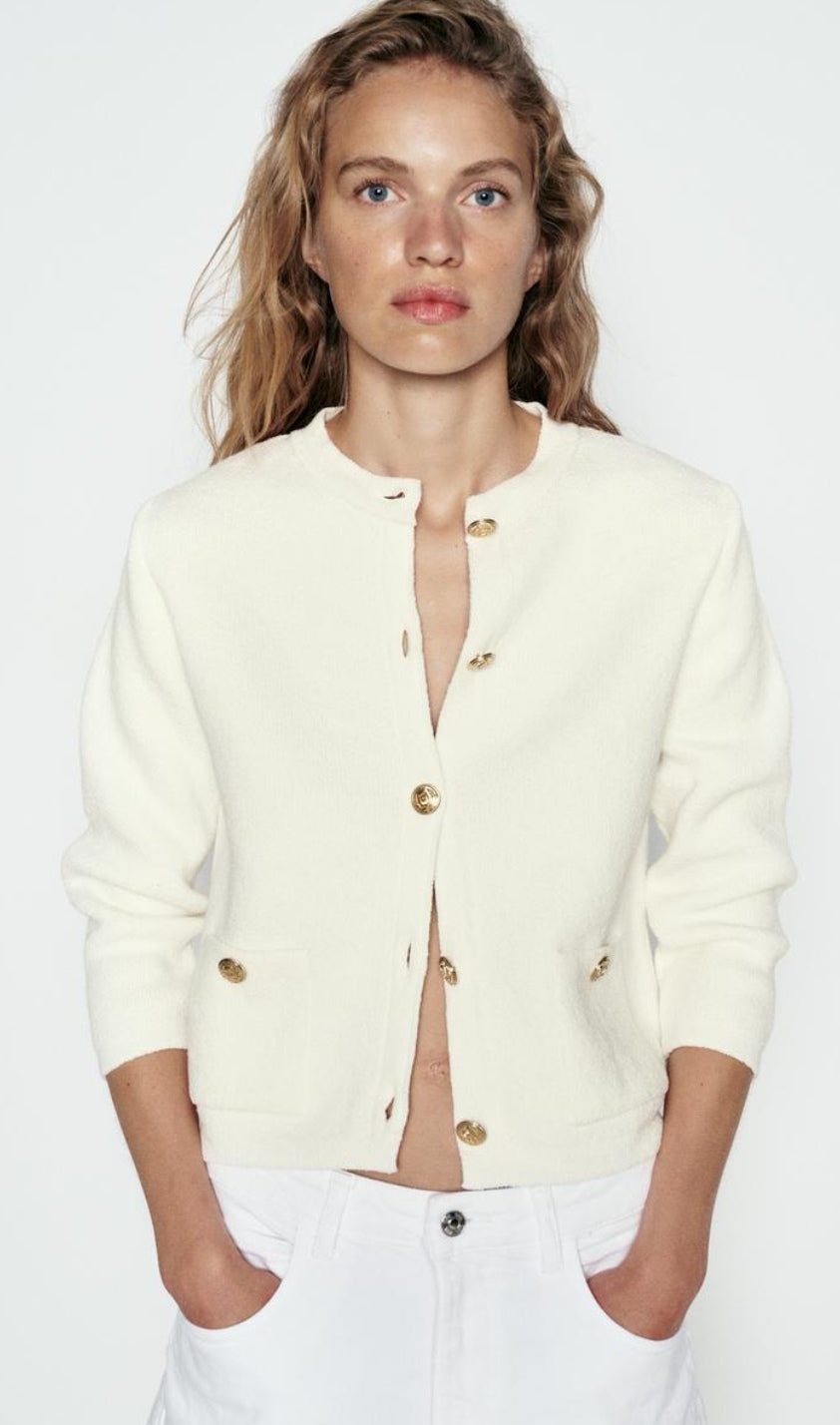 Round Neck Soft Knit Cardigan - Ecru  image 1