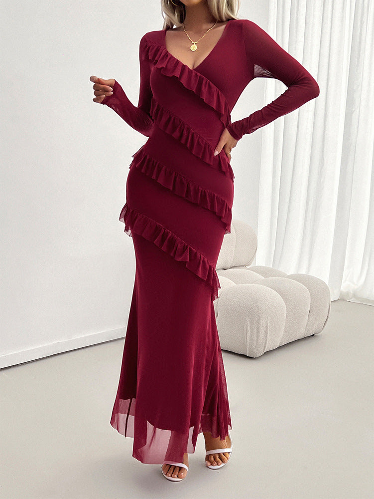 Mesh V-Neck Ruffle Detail Maxi Dress