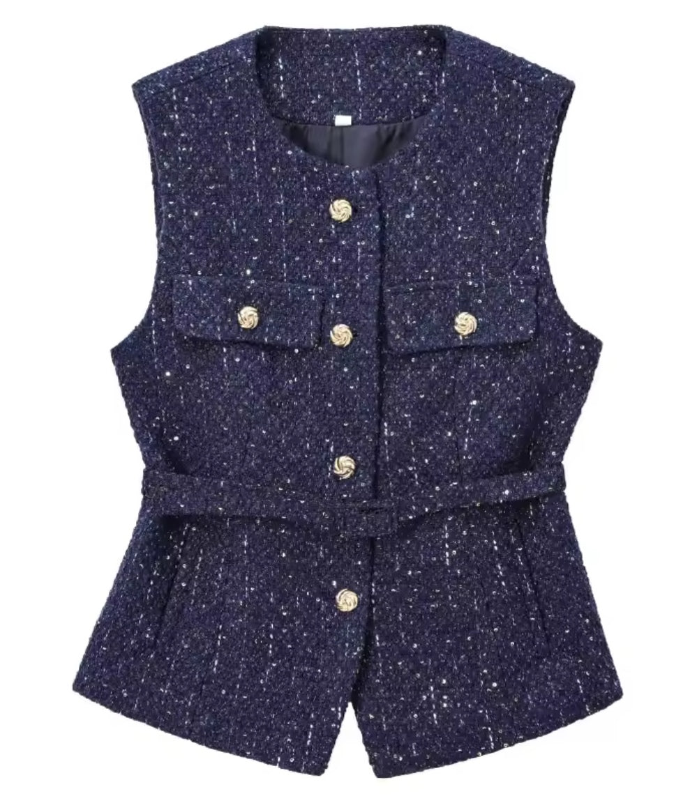 Navy Tweed Embellished Waistcoat image 4