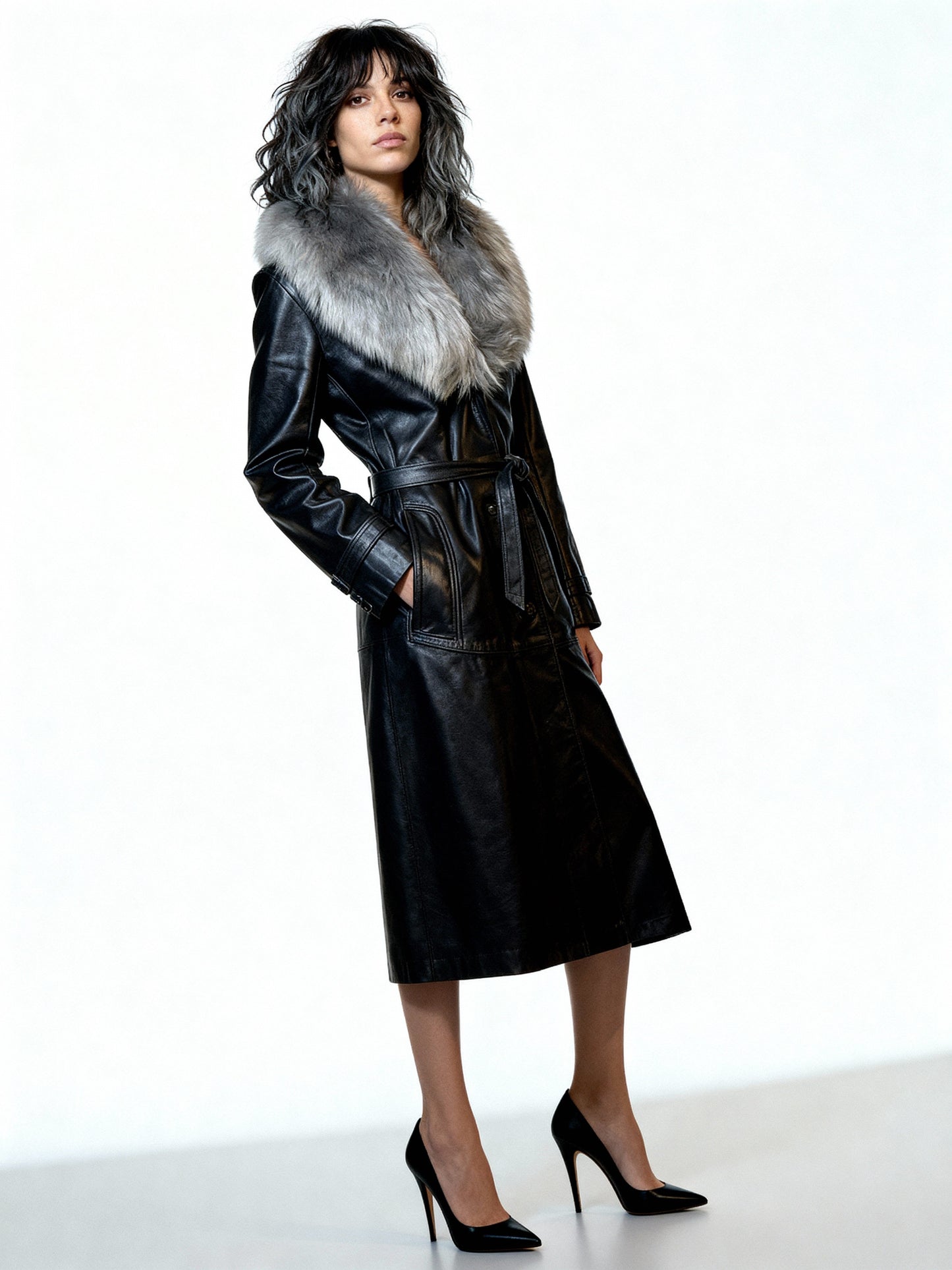 Original 1970's Vintage Black Leather & Sheepskin Coat UK 12 - 16
