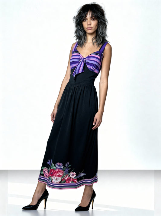 1970s Black Floral Maxi Dress – UK 12–14