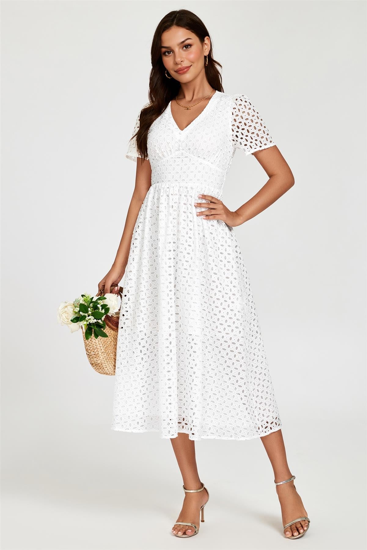 White Broderie Anglaise Midi Dress