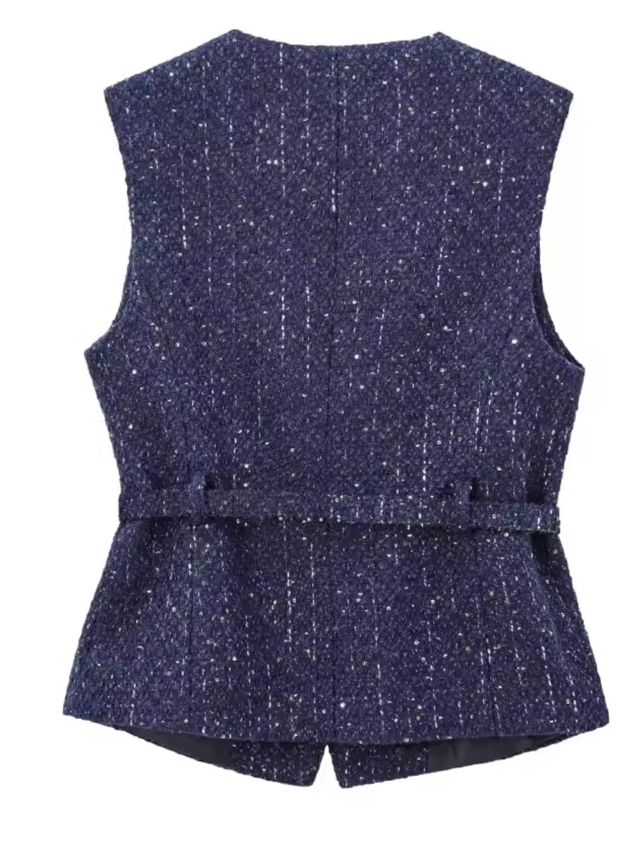 Navy Tweed Embellished Waistcoat image 5