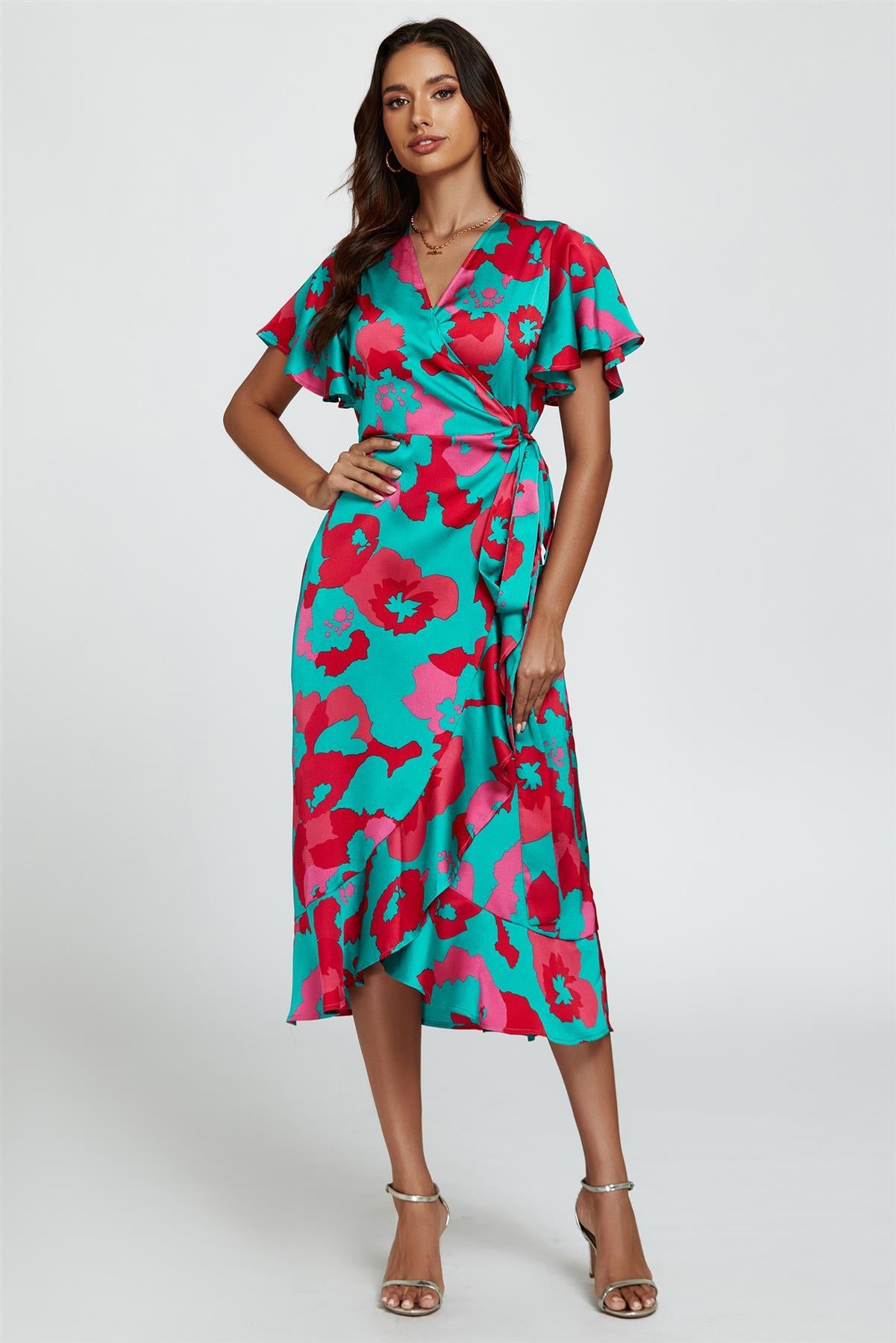 Blue and Pink Leopard Print Angel Sleeve Dress