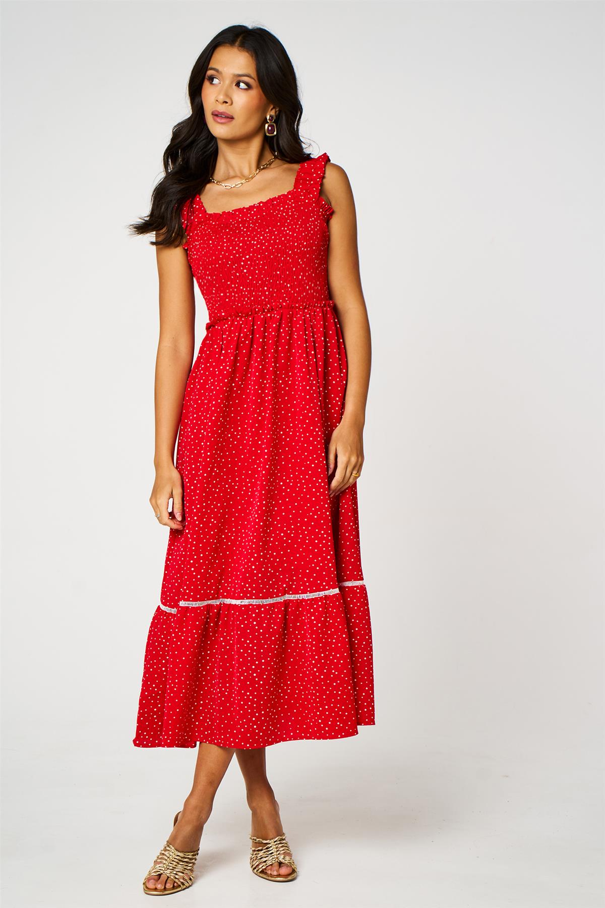 Red Dot Print Hem Detail Maxi Dress