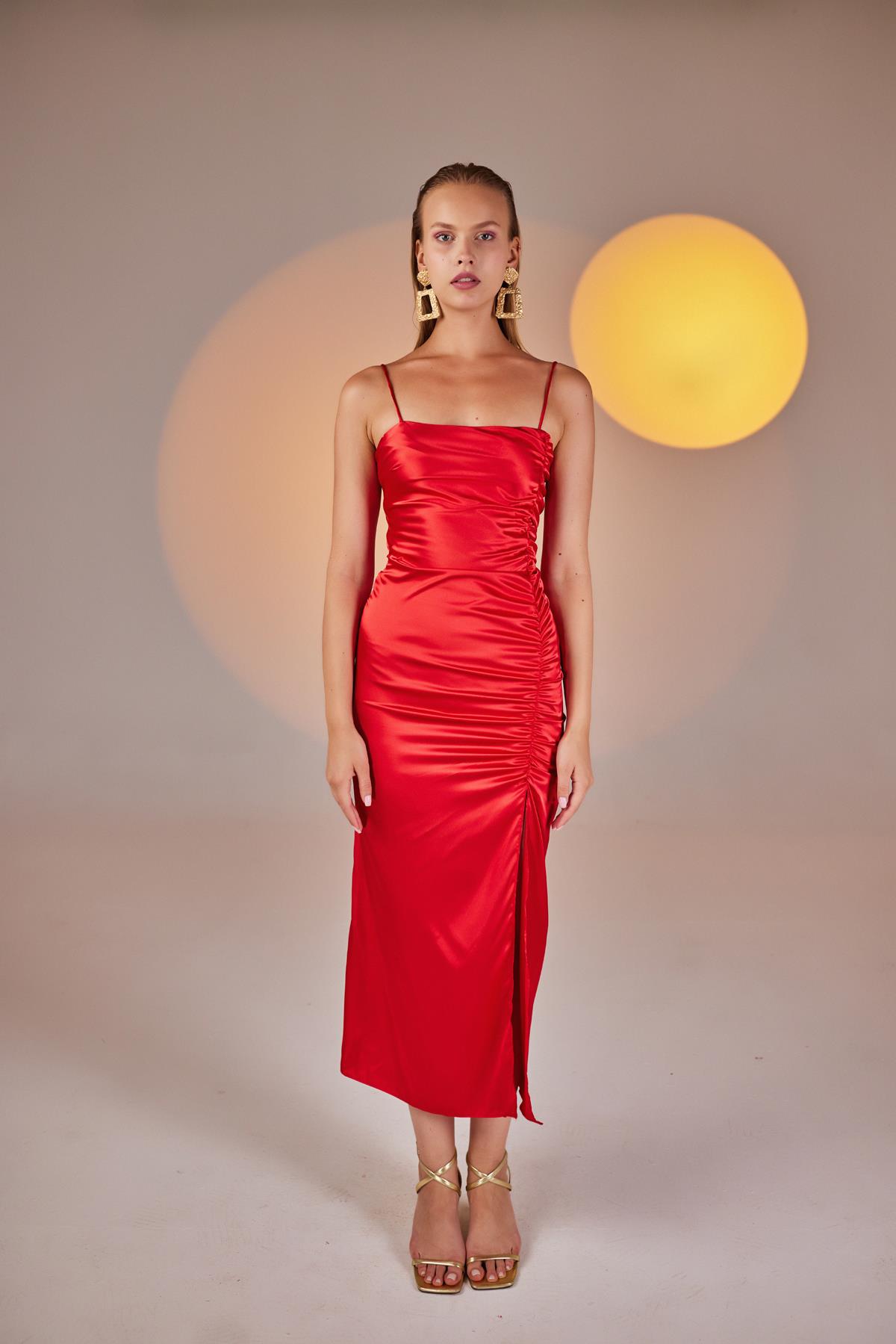 Red Satin Strappy Slit Midi Dress