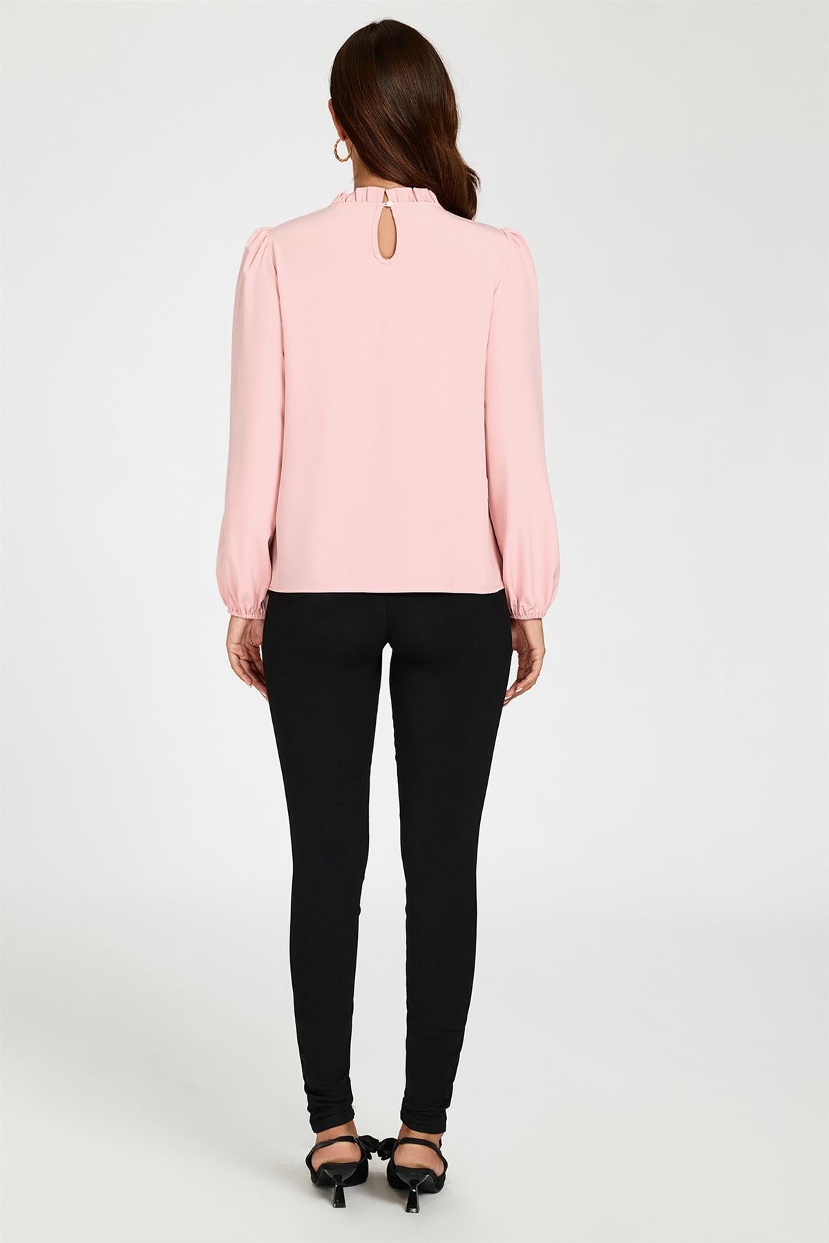 Pink Delicate Floral Print Frill Detail High Neck Top
