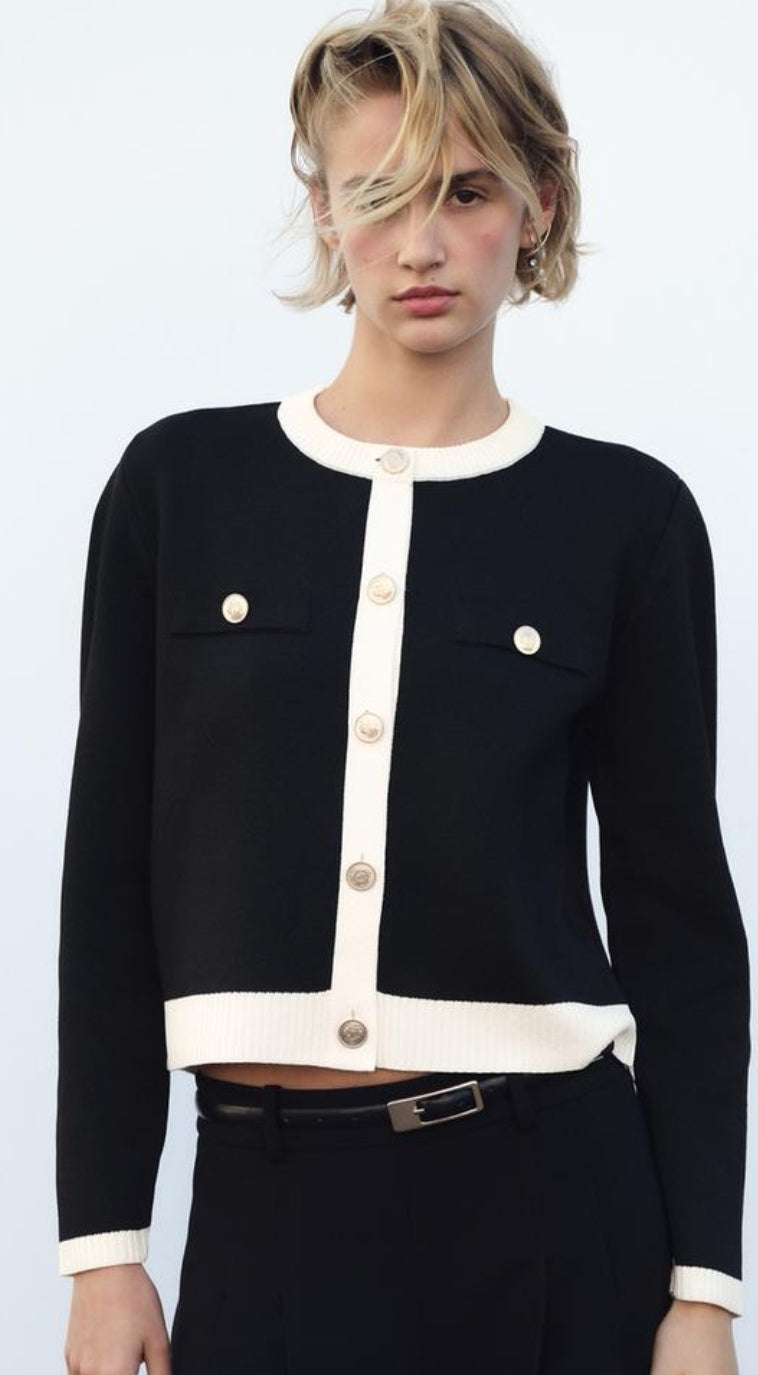 Round Neck Colour Contrast Soft Knit Cardigan - Black/Ecru  image 0