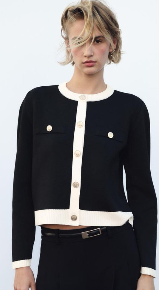 Round Neck Colour Contrast Soft Knit Cardigan - Black/Ecru  image 0