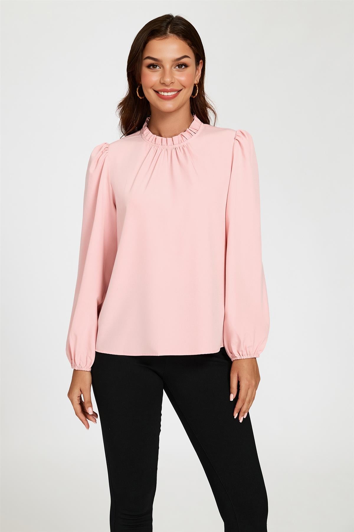 Pink Delicate Floral Print Frill Detail High Neck Top