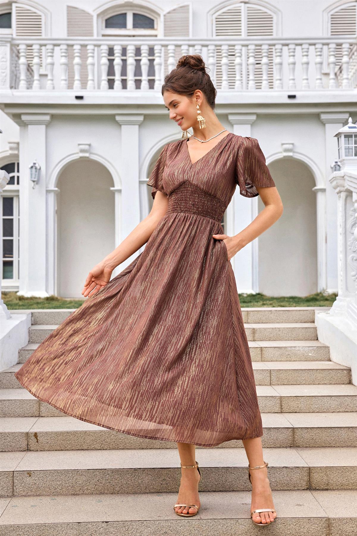 Brown Angel Sleeve Stripe Foil Midi Dress
