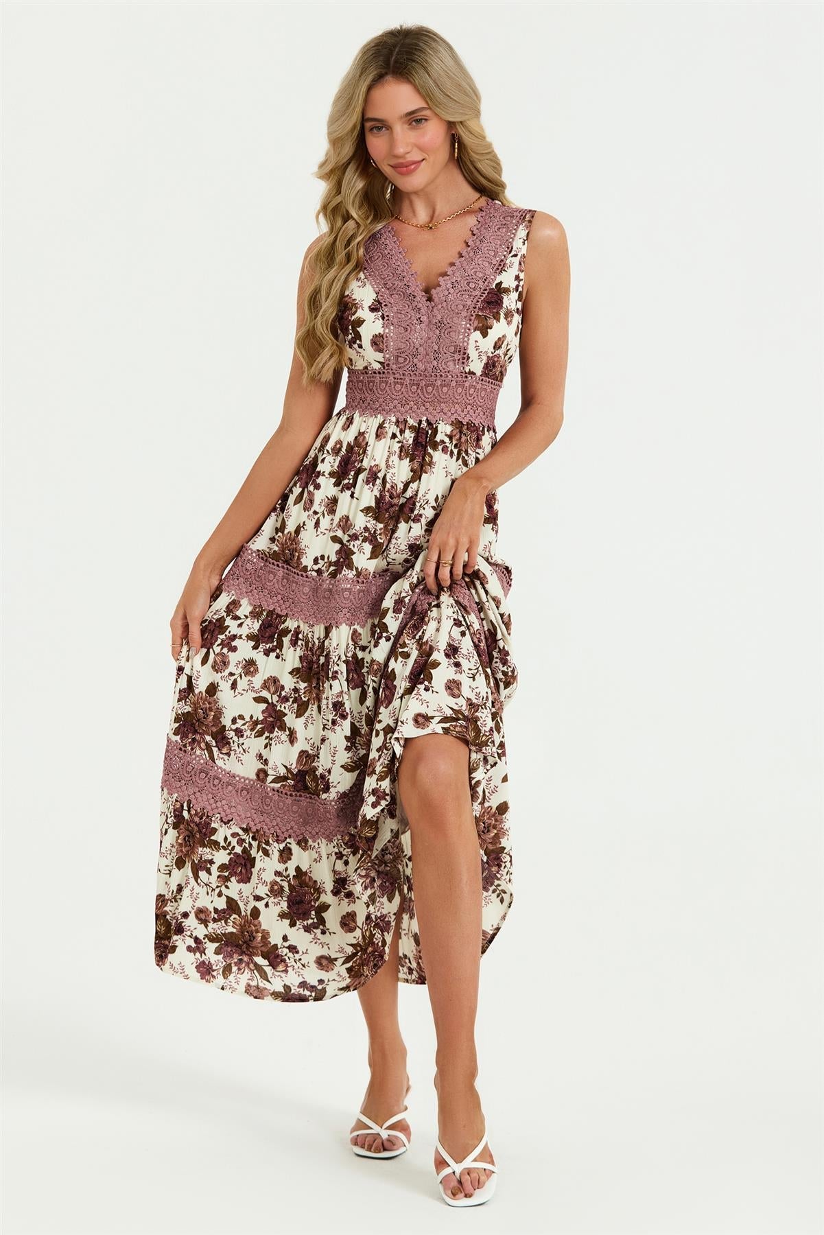 Off-White Floral Lace Maxi Dress