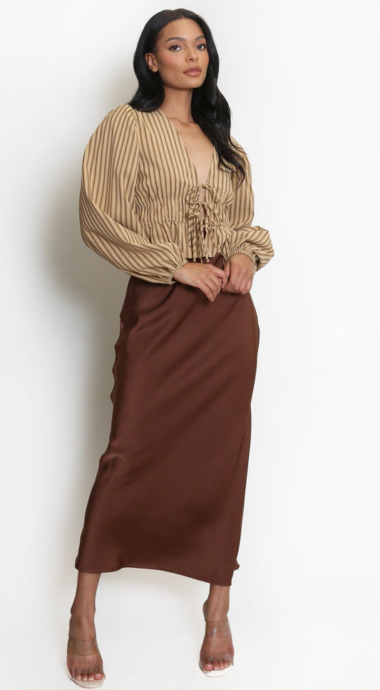 Satin Plush Bias Cut Midi Skirt - Coffee image 0