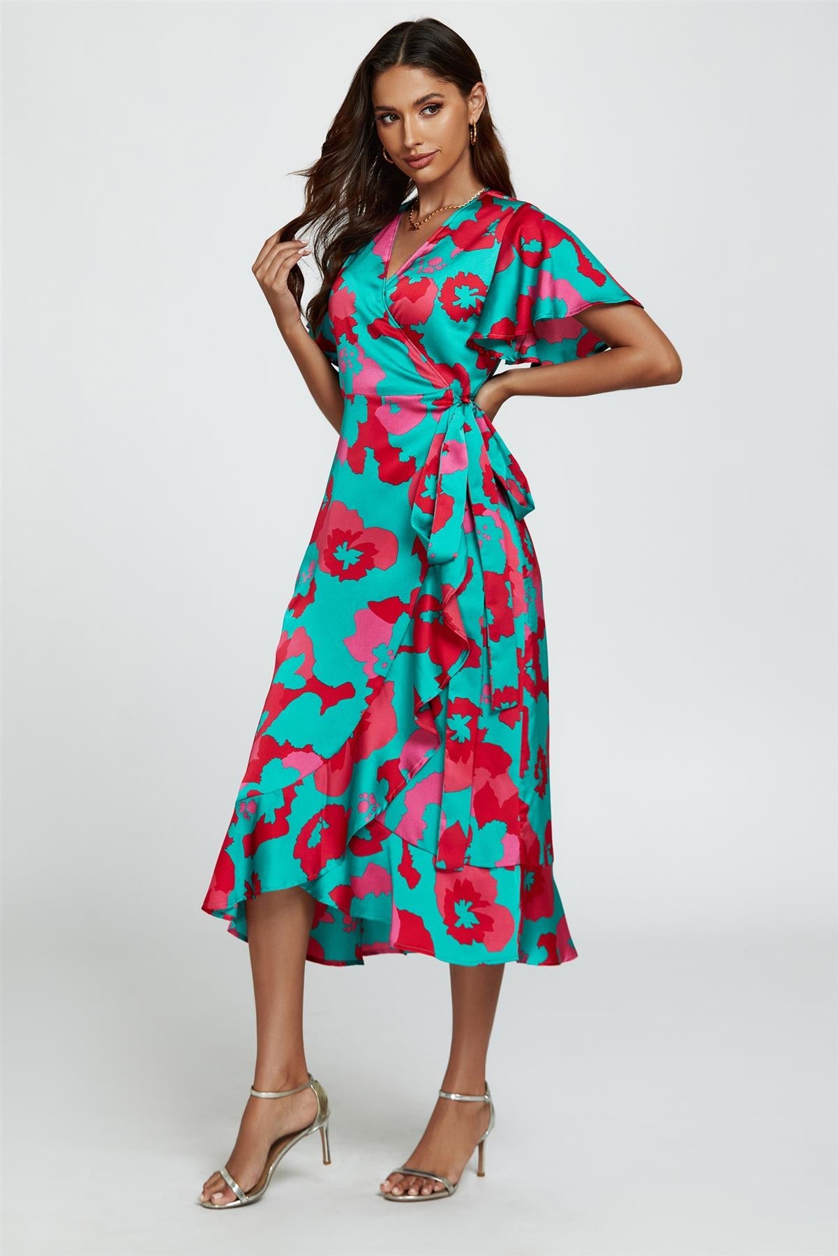 Blue and Pink Leopard Print Angel Sleeve Dress