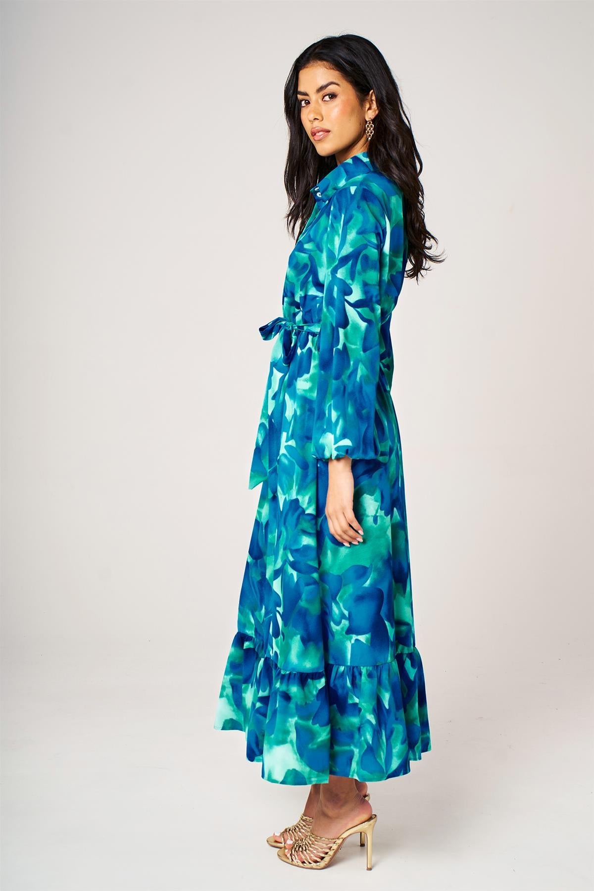 Blue Abstract Print Hem Detail Shirt Midi Dress