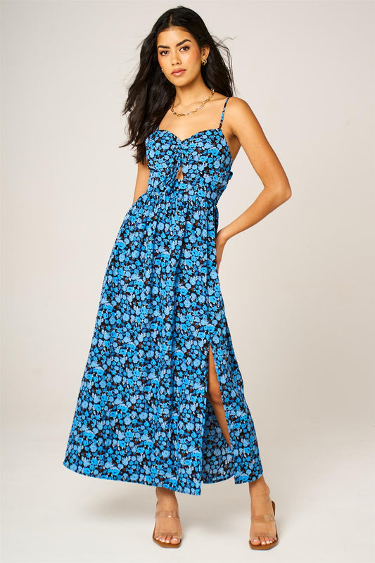Blue Floral Print Knot Front Maxi Dress