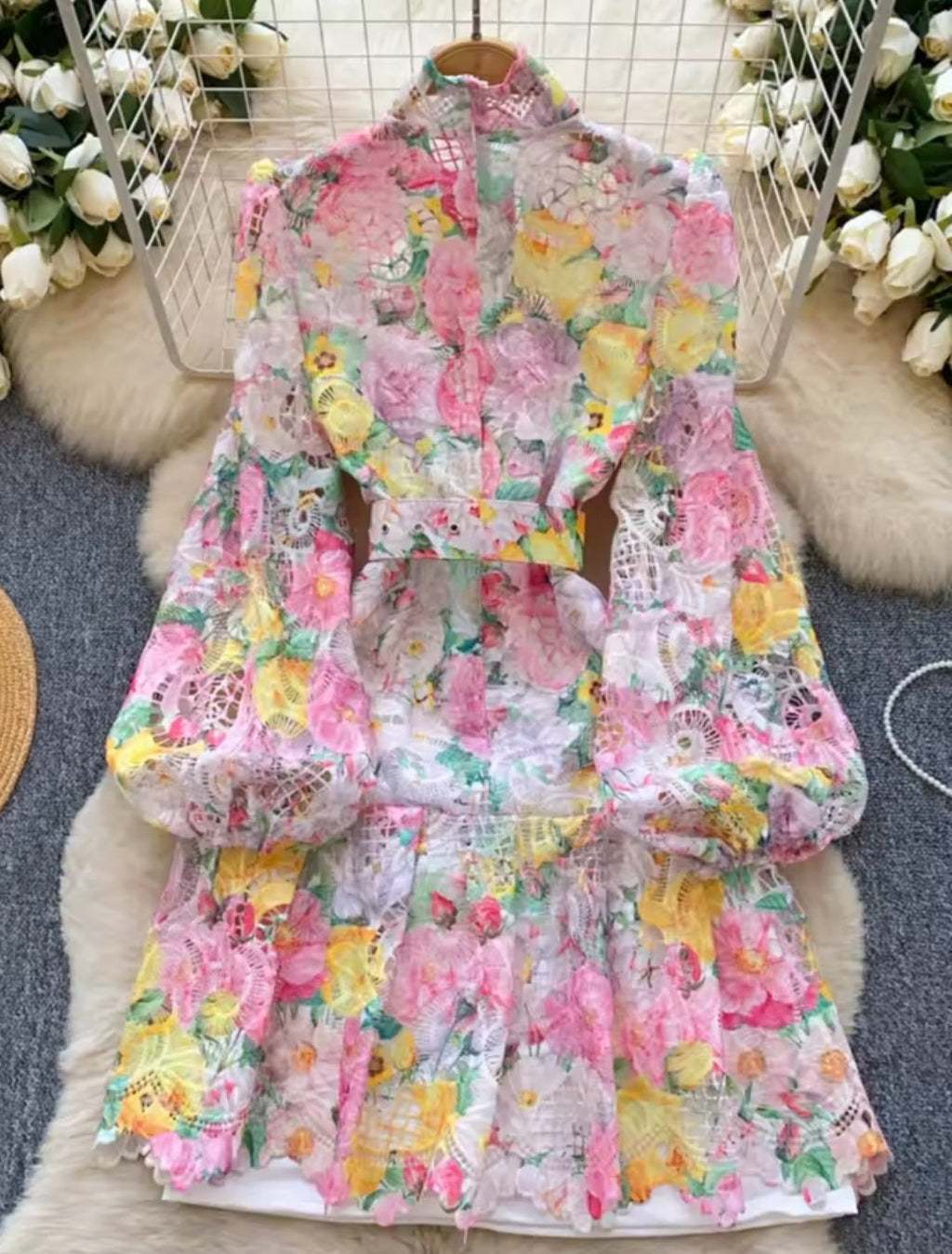 Embroidered Lace Knee Length Dress - Pink image 1