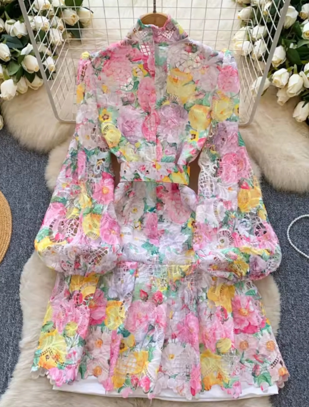 Embroidered Lace Knee Length Dress - Pink image 1