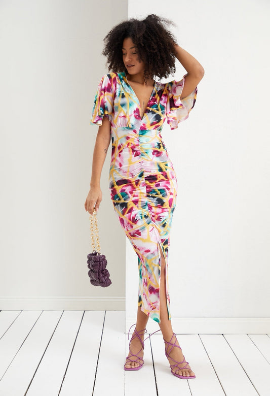 Angel Sleeve Ruffle Drape Style Dress - Print - By Jenerique image 0