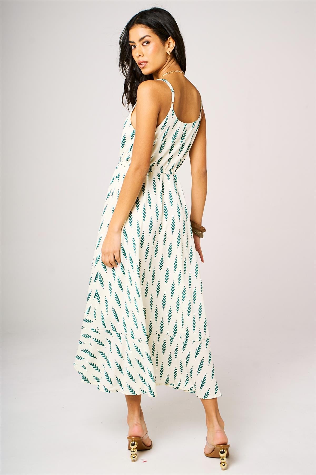 Green Leaf Print Button Down High Low Strappy Dress