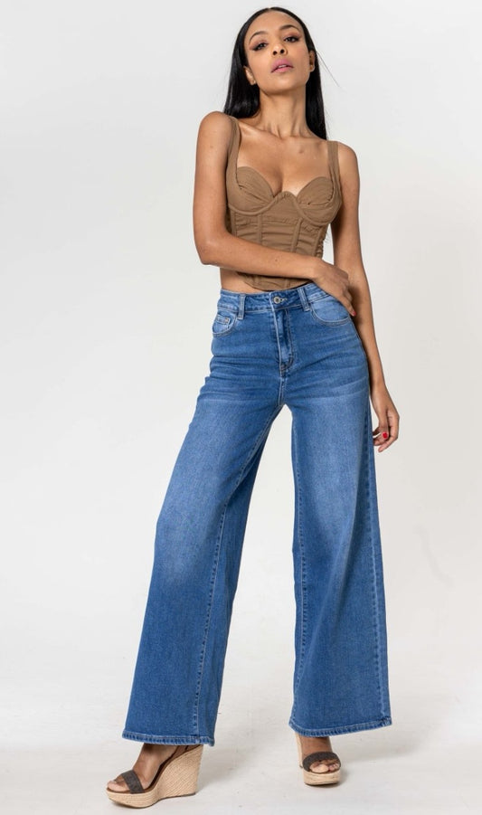 Wide Leg High Waist Stretch Blue Denim  image 0
