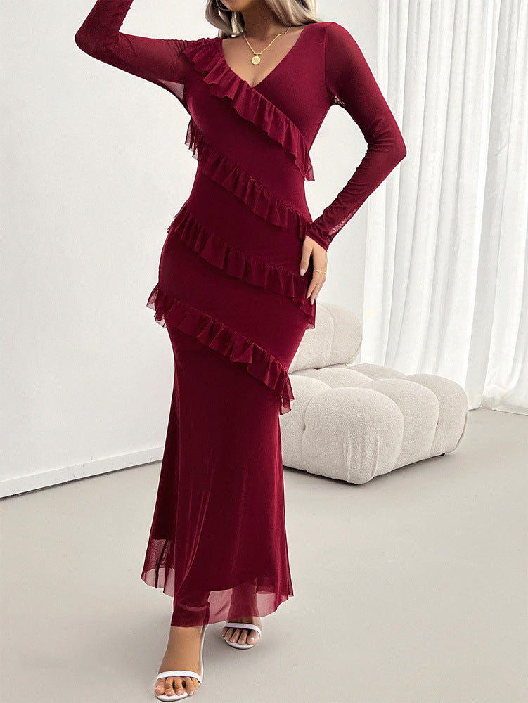 Mesh V-Neck Ruffle Detail Maxi Dress