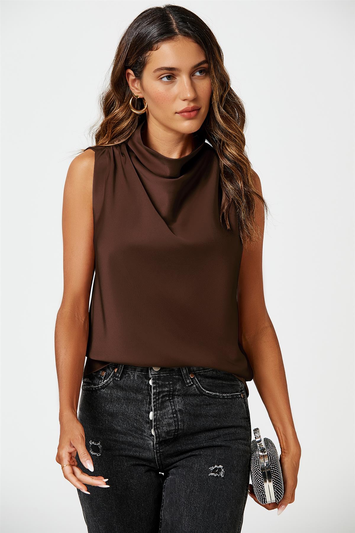 Brown Satin High Neck Sleeveless Blouse
