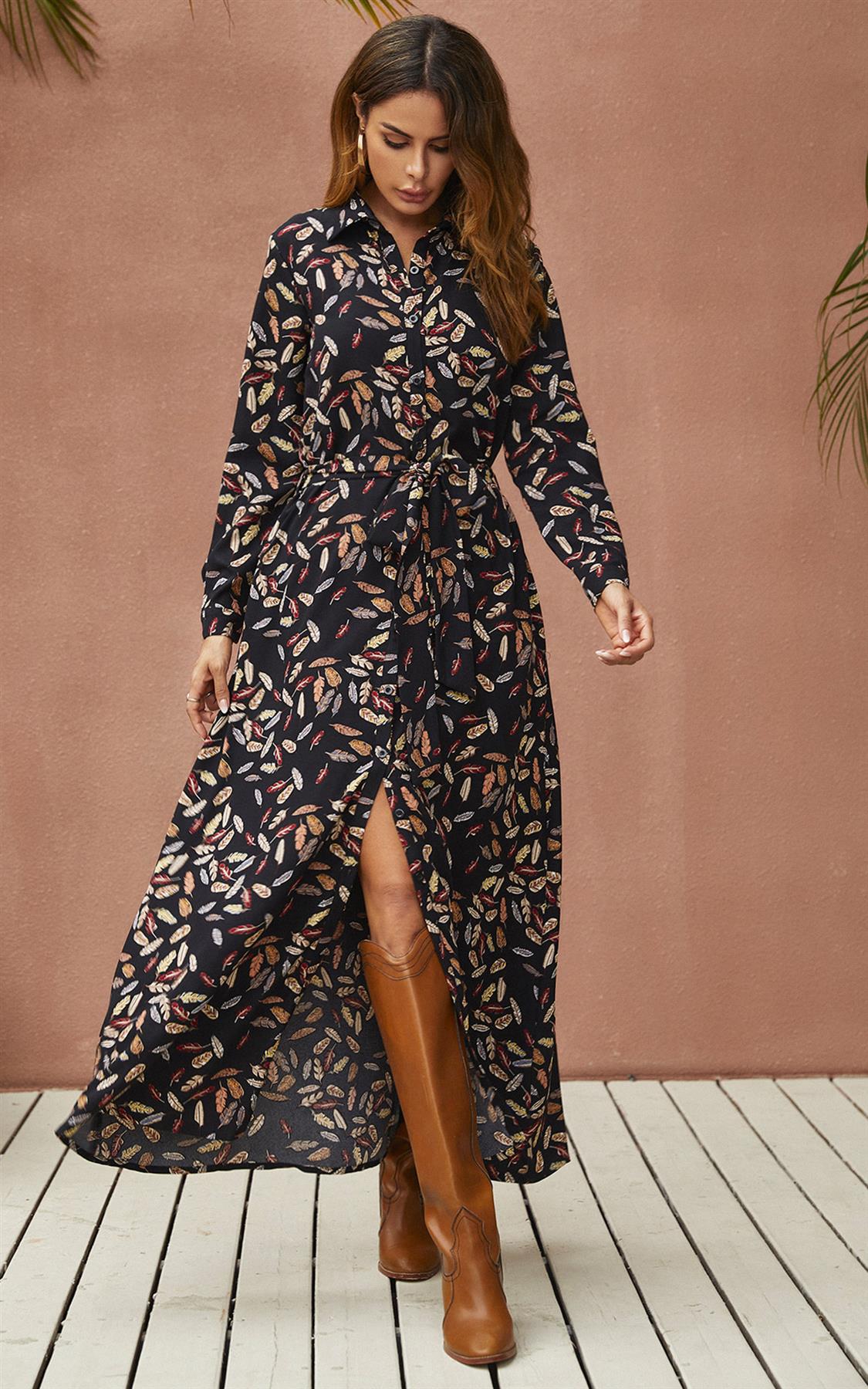 Black Leaf Print Shirt Dress With Tie Waist and Gold Stretch Leaf Belt