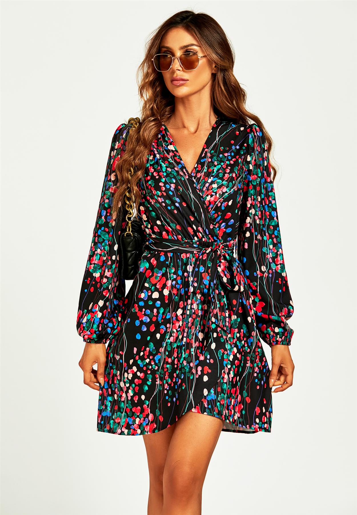 BlackAbstract Floral Print Wrap Mini Dress
