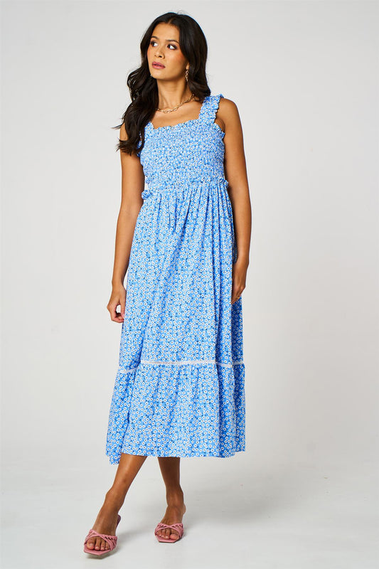Blue Floral Print Hem Detail Maxi Dress