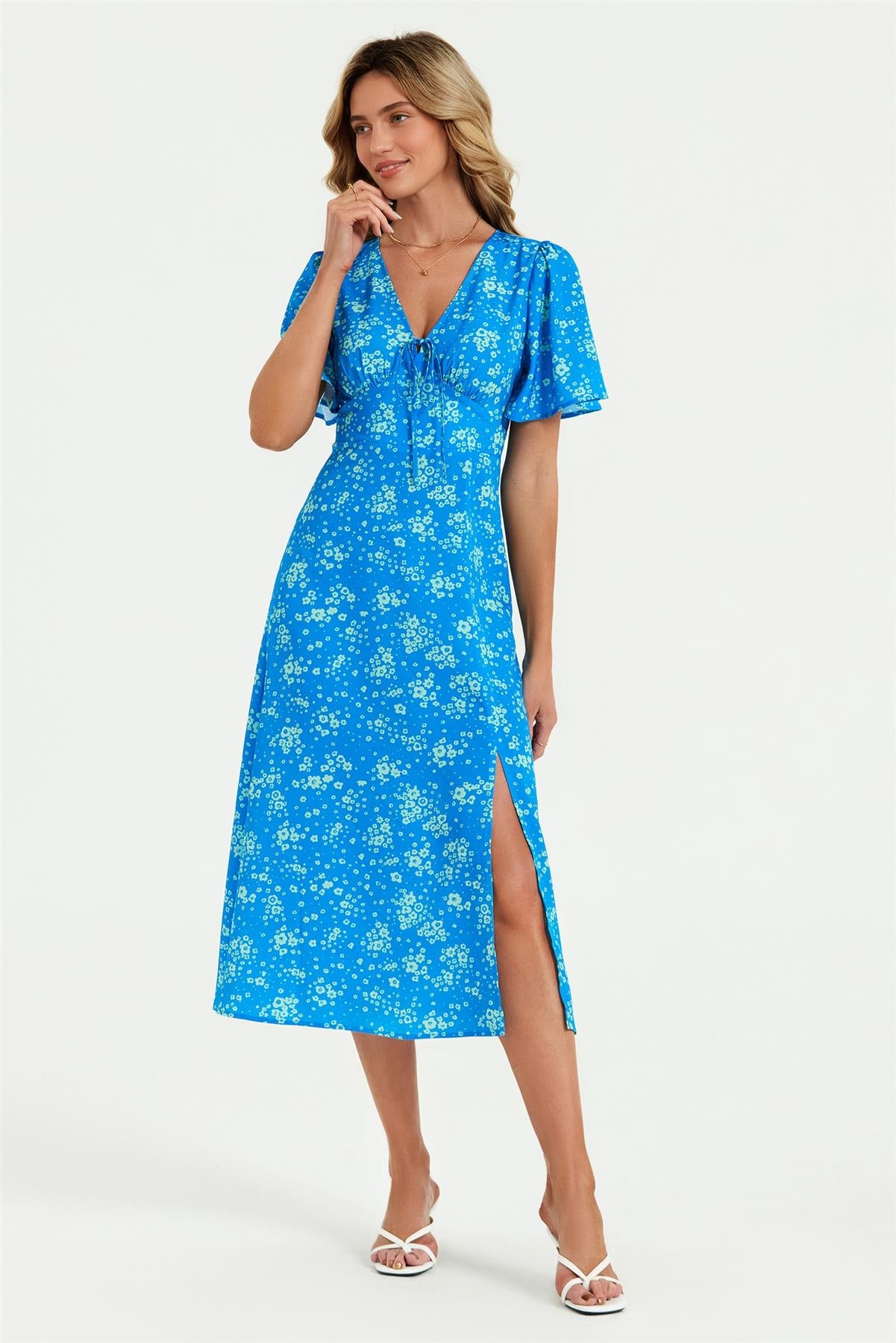 Blue Print Angel Sleeve Midi Dress