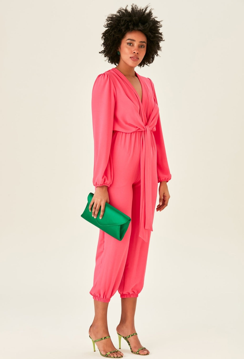 Long Sleeve Wrap Jumpsuit with Pockets - Pink  - By Jenerique image 2