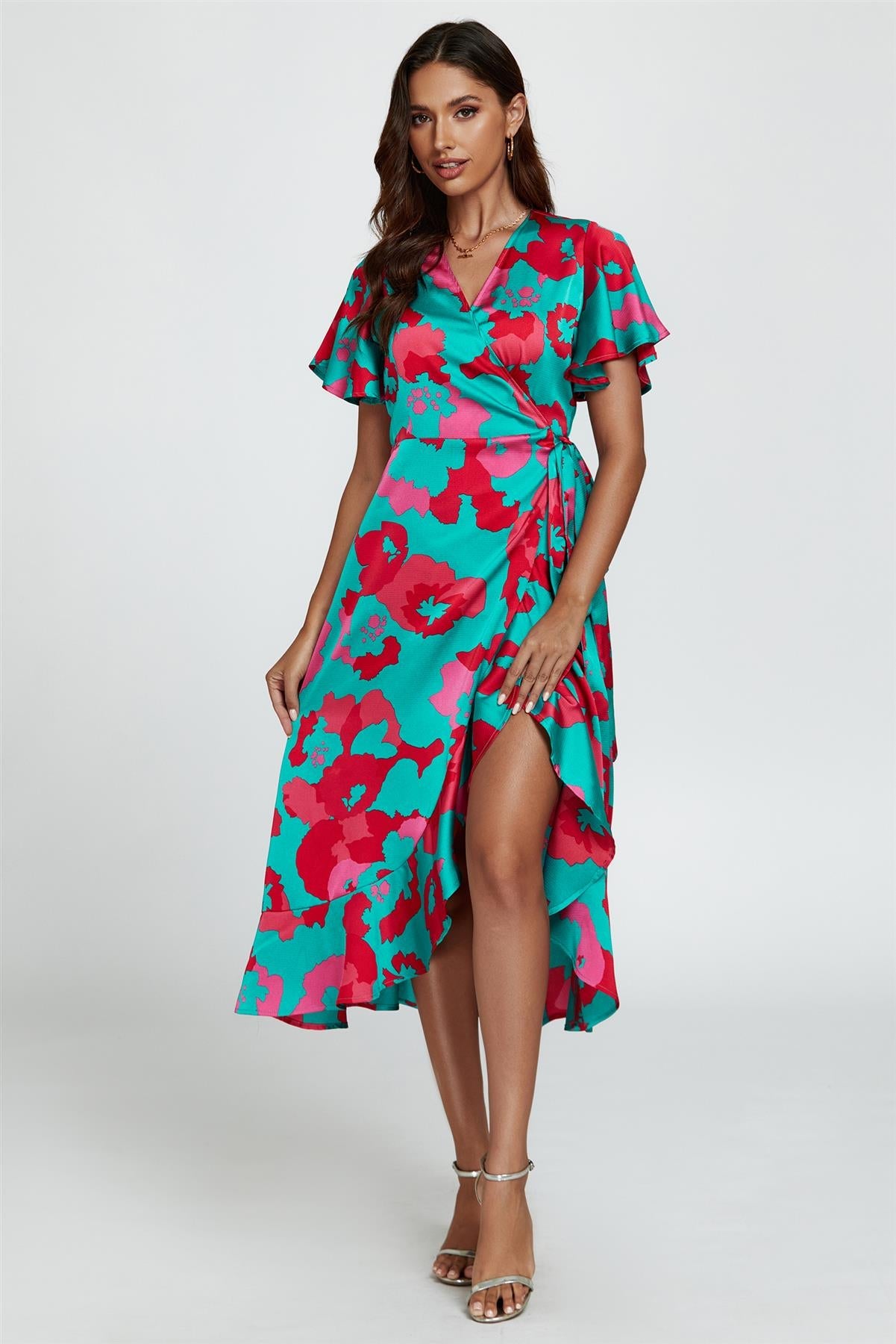 Blue and Pink Leopard Print Angel Sleeve Dress