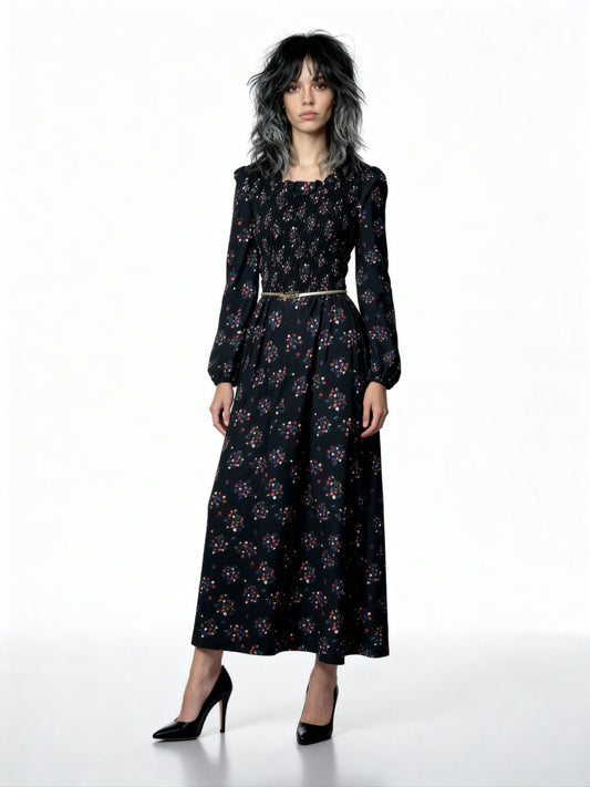 1970s Black Floral Maxi Dress – UK 10–12
