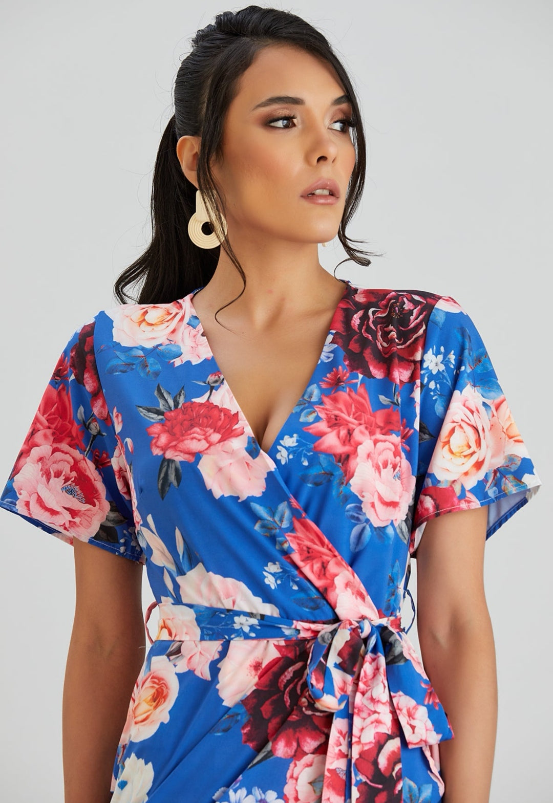 Wrap Midi Dress with Frill Skirt - Blue Floral - By Jenerique image 2